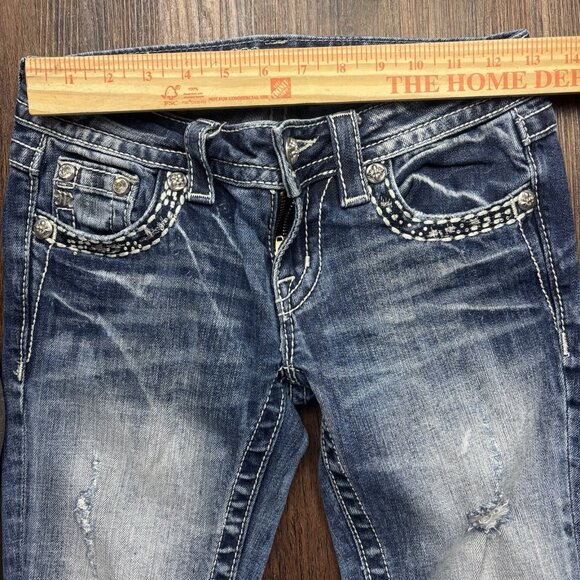 Miss Me Signature Cuffed Straight Jeans Rhinestone Distressed Light Wash Size 25 - Picture 6 of 11